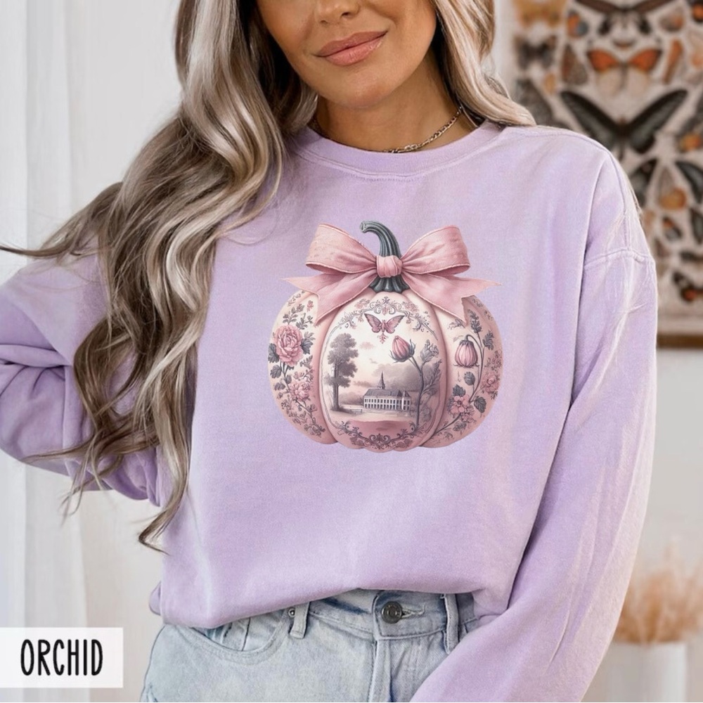 Toile De Jouy Coquette Pumpkin Sweatshirt Soft Pink Girly Aesthetic Trendy